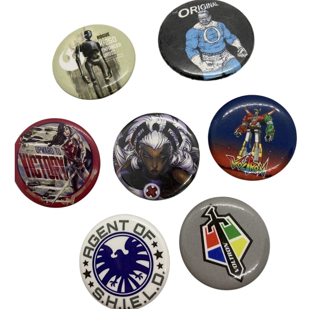 Lot of 7 Buttons Pins Voltron‎ Agent Shield Wonder Woman X-Men Star Wars